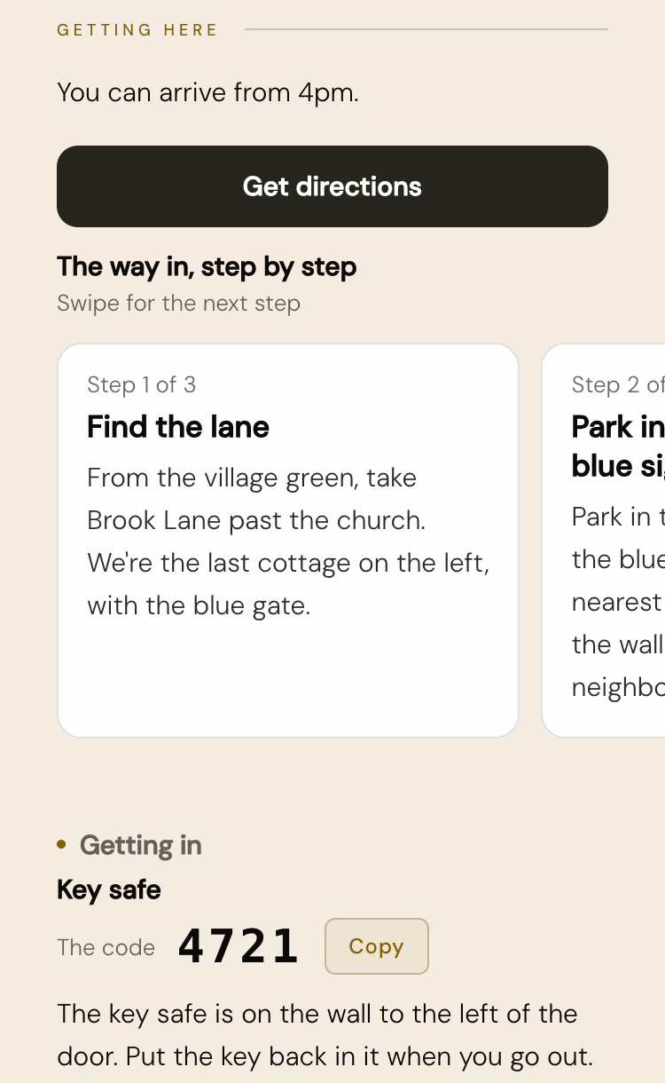 The Getting here page of a made-up guest guide, with step-by-step cards for the way in and the key safe code.