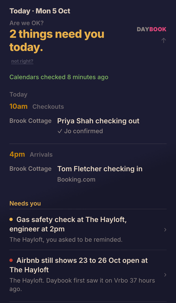 Daybook on a phone on Monday 5 October: 2 things need you today, the day's checkout and arrival at Brook Cottage, and two lines under Needs you.