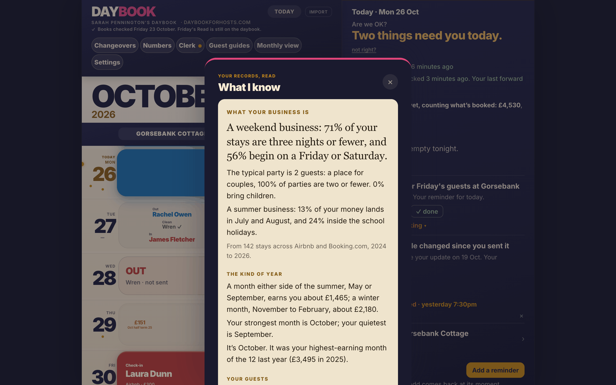 What I know about your place, on a laptop, for a made-up host: Daybook's first read of their past bookings.