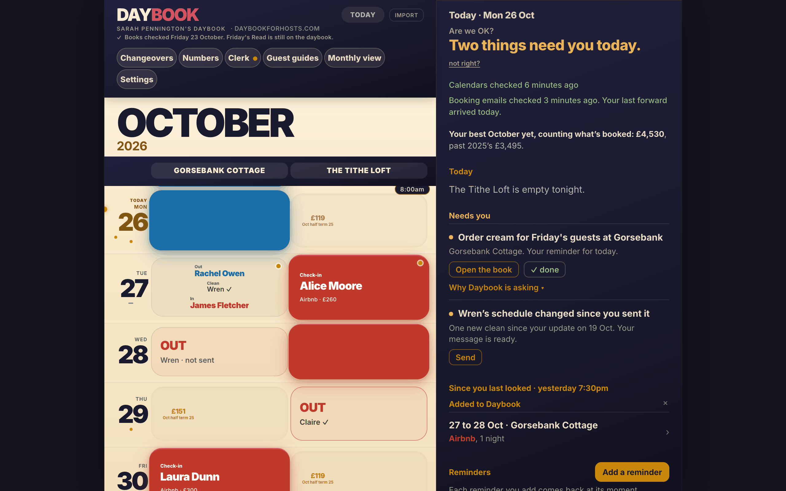 Daybook on a laptop, for a made-up host: the calendar with the places side by side and each booking coloured by the site it came from, and the Today panel beside it.