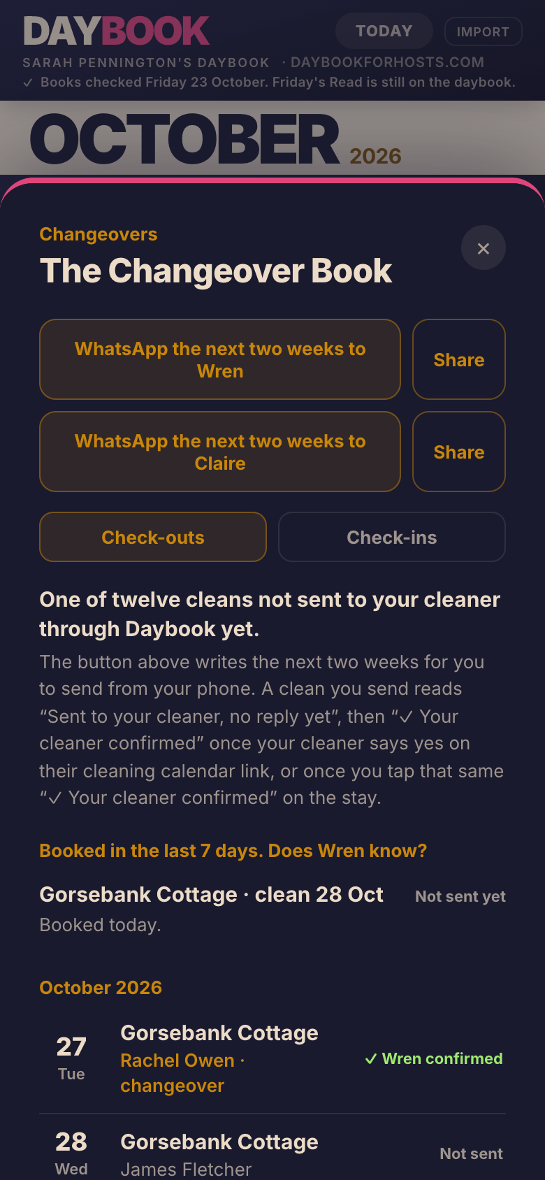 A changeover in Daybook on a phone, for a made-up host: the message prepared for the cleaner, for the host to send from their own phone.
