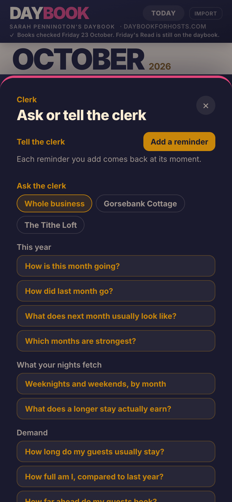 The Clerk on a phone, for a made-up host: Tell the clerk, where a reminder is added, and Ask the clerk, with questions about the host's own bookings and figures.