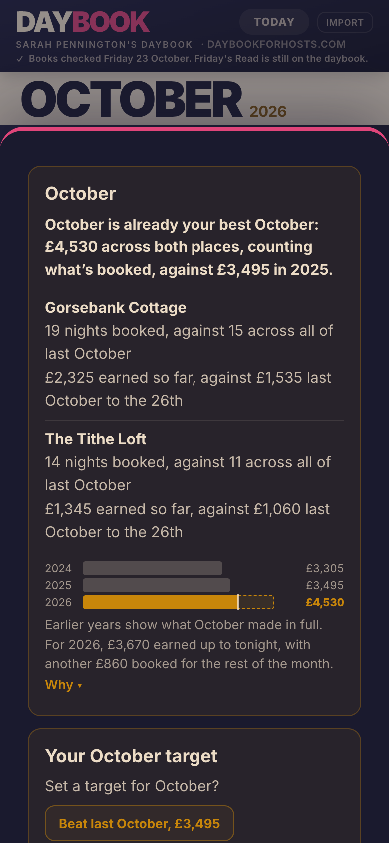 This month's card in Numbers on a phone, for a made-up host: the verdict in bold, a row for each place, and the bars for earlier years.